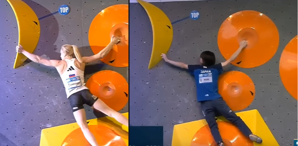 Ai Mori VS Janja Garnbret on a reachy/spanny move at Innsbruck, 2023 semi finals